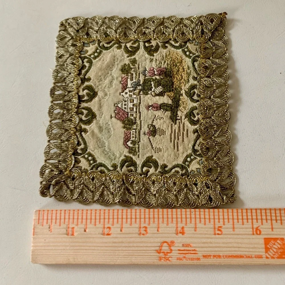 Antique square floral table doilies gold trim embroidered